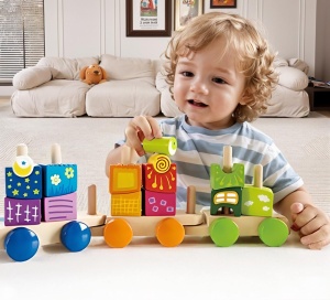 Set de trenulete Hape E0417 cu blocuri colorate din lemn 17 piese - Img 2