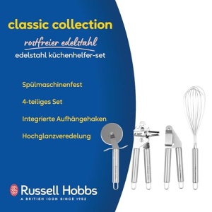 Set de unelte de bucatarie Russell Hobbs din otel inoxidabil RH00124, ton argintiu, include taietor de pizza, tel, presa de usturoi si deschizator de conserve/cutii, otel inoxidabil, 4 bucati - Img 2