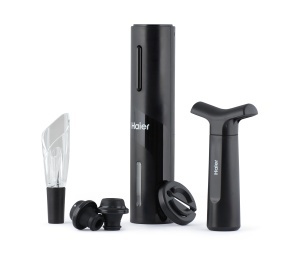 Set desfacator de vin electric Haier, reincarcabil, negru, cu decantor si taietor de folie