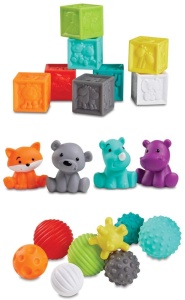 Set jucarii senzoriale Infantino Sensory Balls Blocks Buddies 20 piese texturi si culori diverse