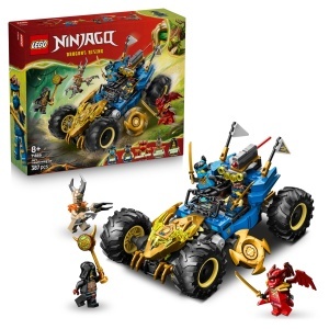 Set LEGO NINJAGO Jays Transformationsflitzer 2in1 cu 5 Minifiguri, 387 Piese