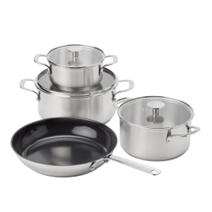 Set Oale si Tigaie KitchenAid din Otel Inoxidabil, 4 piese, 16-28 cm, Argintie