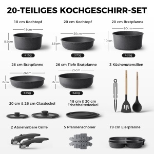 Set vase YASHE 20 piese antiaderent compatibil inductie manere detasabile - Img 2