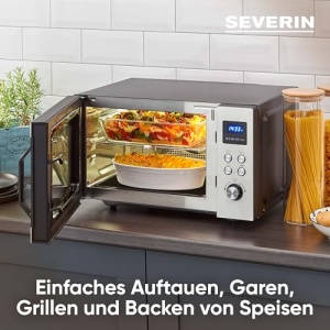 SEVERIN Cuptor cu microunde 3 in 1 cu baza de sticla, functie gratar si aer cald, cuptor cu microunde cu suprafata mare utila pentru vase patrate, negru/otel inoxidabil, MW 7777 - Img 11