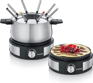 SEVERIN Fondue-Crepes Combo, set fondue care poate fi spalat in masina de spalat vase cu 8 furculite cu coduri de culori, Fondue Crepes Maker Combi din otel inoxidabil, negru, FO 2471 - Img 1
