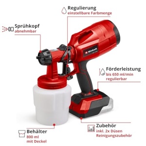 Sistem de pulverizare a vopselei fara fir Einhell TC-SY 18/60 Li-Solo Power X-Change (Li-Ion, 18 V, debit 650 ml/min, recipient de vopsea de 800 ml, inclusiv duza de 2,0 mm si 2,5 mm, livrat fara baterie si fara incarcator) - Img 3