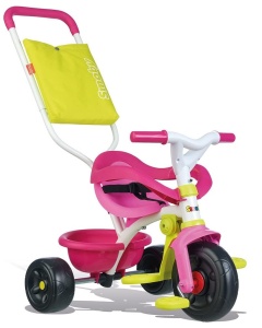 Smoby - Tricicleta Be Fun Comfort roz - pentru bebelusi si copii de la 10 luni - tricicleta reglabila pentru copii cu tija de impingere