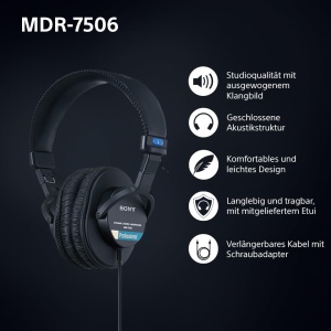 Sony MDR-7506 Casti pentru monitor de studio, inchise, cu fir, 10 Hz-20 kHz, 63 ohmi, usoare, design pliabil (227 g), ideale pentru inregistrare si mixare in studio, incl. carcasa, negru - Img 2