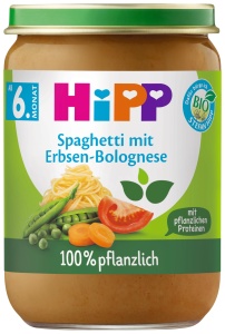 Spaghetti HiPP Bio cu Bolognese de Mazare, 6 x 190g, 100 vegetal
