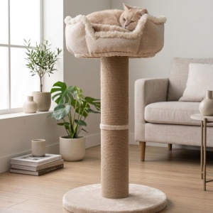 Stalpis pentru pisici Boho, Bej, 83 cm, cu pat moale detasabil - Img 6