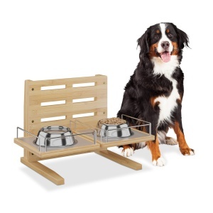 Statie de hranire pentru caini Relaxdays, din bambus, ajustabila pe 5 inaltimi, 37x55x36 cm