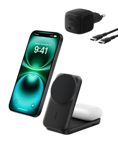 Statie de incarcare wireless Belkin UltraCharge 2-in-1, 25W, compacta, neagra