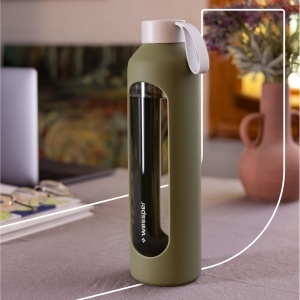 Sticla de apa din borosilicat Wessper D1, 1 litru, cu husa din silicon, fara BPA, culoare olive - Img 5