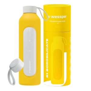 Sticla de apa Wessper 1 Litru, Borosilikat, Culoare Galbena, Cu Husa de Silicon