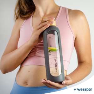 Sticla de apa Wessper ActiveMax 1L din sticla borosilicata, gri, cu capac din bambus - Img 8