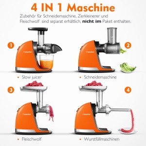 Storcatorul AMZCHEF Castigator al testului de legume si fructe - Storcator lent cu functie de mestecat invers - Zdrobire frageda fara filtrare - Storcator electric cu perie si 2 cani - portocale - Img 6