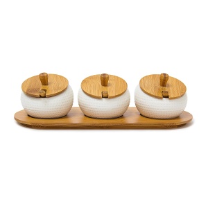 Suport condimente Relaxdays JIAO din ceramica si bambus, 3 borcane, 8.5 x 30.5 x 12 cm - Img 6