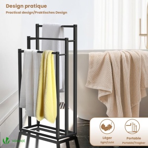 Suport pentru prosoape VOUNOT, metal, 3 stang, negru, stabil si compact - Img 7
