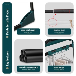 Suport rufe VOUNOT extensibil 284 cm, metal, negru, cu flancuri laterale - Img 6