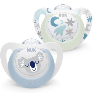 Suzeta NUK Star Night Day 0-6 luni Silikon Fosforescenta Set 2 bucati Koala Albastru