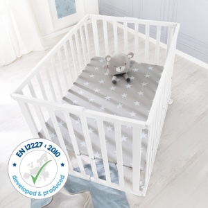 Tarc de joaca pliabil Roba Little Stars, lemn alb, 74x100 cm, cu roti - Img 12