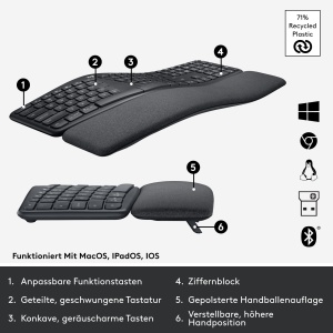 Tastatura ergonomica fara fir Logitech ERGO K860 - Tastatura divizata, suport pentru incheietura mainii, tastare naturala, rezistent la pete, conectivitate Bluetooth si USB, pentru Windows/Mac - Grafit - Img 7
