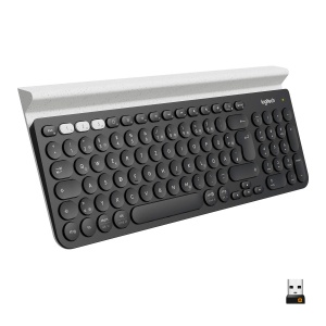 Tastatura wireless Logitech K780, conexiune Bluetooth si 2,4 GHz, functie multidispozitiv si comutare usoara, suport integrat, PC/Mac/tableta/smartphone, aspect QWERTZ german - gri inchis/alb
