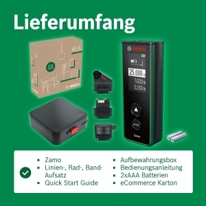 Telemetru laser Bosch Zamo de generatia a 4-a cu 3 atasamente (masurare simpla si precisa pana la 25 m, baterii reincarcabile prin USB-C, cu interfata adaptor, intr-o cutie de comert electronic) - Img 7