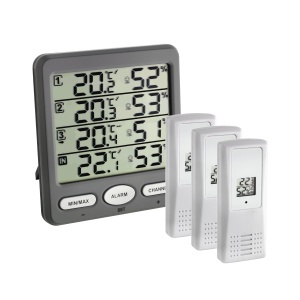 Termometru si higrometru wireless TFA Dostmann 30.3054.10, cu 3 senzori, alarma, gri
