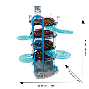 Theo Klein 2813 Bosch Car Service Parking Garage I Cu 5 niveluri, rampa dubla de plecare, 2 masini de curse, lift si multe altele I Dimensiuni: 55 cm x 55 cm x 85 cm I Jucarii pentru copii de la 3 ani, multicolor - Img 4