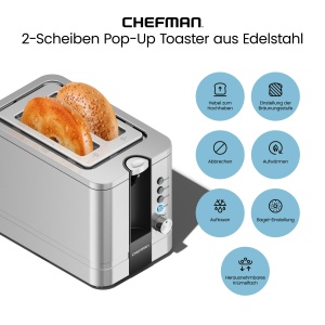 Toaster Chefman RJ31-SS-V2-EU, 2 felii, 925W, inox, 7 trepte de rumenire - Img 2