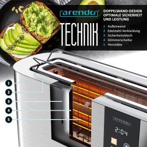 Toaster cu 2 feliute Arendo LEVEL TOUCH, 1000 W, inox, cu touchscreen - Img 5