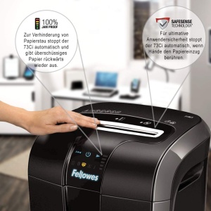 Tocator de hartie Fellowes cu 12 coli, taiat particule (P4) Tocator de hartie pentru birou, Powershred 73Ci, Distrugator cu tehnologie 100% fara blocaj, Safesense, Sistem de economisire a energiei, Cos de reciclare 23L, Tocator CD - Img 4