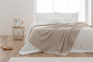 Todocama - Patura din bumbac extra moale cu design GOFRE, cuvertura de pat multifunctionala pentru canapea, pat, husa decorativa si esarfa (bej nisip, 230 x 240 cm) - Img 5