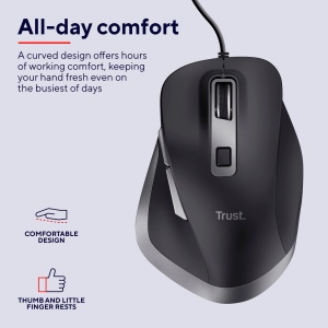 Trust Fyda Mouse PC cu cablu, Design sustenabil, 600-5000 DPI, 6 butoane, suport pentru degetul mare si deget, Mouse USB 150 cm, Mouse ergonomic pentru laptop, PC, MacBook, Birou, Lucru confortabil - Img 4