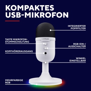 Trust Gaming GXT 236W Yami USB Streaming Microfon PC Podcast Twitch Discord ASMR YouTube 5, Condensator Gaming Microfon Cardioid, Mute, RGB Iluminare - Alb - Img 2
