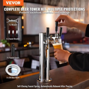 Turn de distribuire a berii VEVOR cu 3 robinete, turn de butoaie de bere din otel inoxidabil, kit turn Kegerator cu furtunuri preasamblate si robinete cu inchidere automata pentru petreceri, baruri, pub-uri si restaurante - Img 2