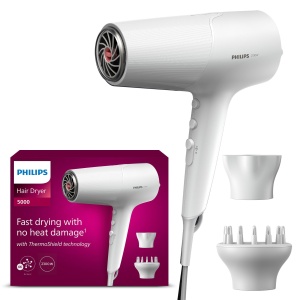 Uscator de par Philips seria 5000, tehnologie ThermoShield, functie de ionizare, 2.100 W, alb, cu duza de coafare si difuzor de volum, model BHD500/20