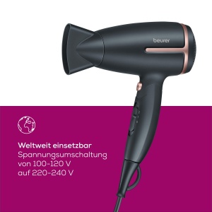 Uscator de par pliabil de calatorie Beurer HC 25 cu functie ionica, uscator de par puternic, pentru par neted si moale, ideal pentru deplasare, 1600 wati, reglare a tensiunii la nivel mondial 110-120/220-240 V - Img 3