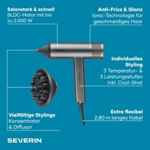 Uscator de par Severin S-Style Speed Pro, 2000W, Ioni, Culoare Anthrazit - Img 2