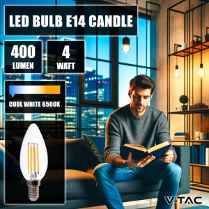 V-TAC 6x Bec LED Filament Lumanare E14 4W (echivalent cu 35W) - Alb cald 400 lumeni - Pachet de 6 - Eficienta maxima - Decorare filament - Becuri LED - Bec cu economie de energie - 3000K - Img 3