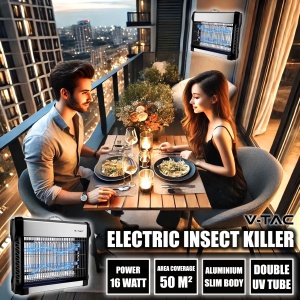 V-TAC Insect Killer Electric 16W cu o raza efectiva de actiune de 50 m2 - Design subtire - Ucigas de insecte cu lumina UV LED albastra pentru uz interior si exterior - Capcana electrica pentru tantari si insecte - Img 3