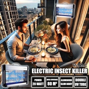 V-TAC Insect Killer Electric 20 W cu suprafata utila de 80 m2 - design subtire - plasa de tantari cu lumina albastra UV pentru uz interior si exterior - capcana electrica impotriva tantarilor si insectelor - Img 3