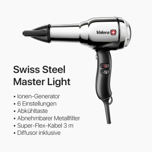 Valera, Swiss Steel Master Light, uscator de par profesional din otel cromat, uscator de par usor cu motor puternic, 3 niveluri de temperatura, generator de ioni, 2100 W, Swiss Made - Img 2