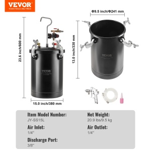 Vas sub presiune VEVOR pentru vopsea spray, vas sub presiune de 15 l, presiune reglabila de 60 psi, vas sub presiune din otel Vas de vopsea cu pistol de pulverizare, furtunuri, manometru, pentru decorarea casei, vopsire industriala - Img 7