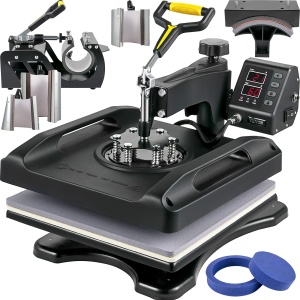 VEVOR 1200W Heat Press 8 IN 1 T-Shirt Press, 38 x 38cm Black Heat Press, Tricou Heat Press pentru aplicarea literelor, numerelor si modelelor pe sepci, tricouri, cani, farfurii 51 x 40 x 47cm