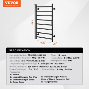 VEVOR Handtuchwarmer 8 Stangen Timer LED Negru - Img 7