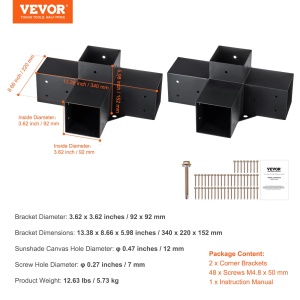 VEVOR Set de 2 conectori de stalp din placi de otel de 2 mm grosime Conector de colt Pergola de colt Conector din lemn Structura portbagajului de 90 deg Suport de colt Set de suporturi pentru foisor cu grinzi din lemn 340 x 220 x 152 mm - Img 7