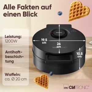 Waffeleisen Clatronic WA 3832, 1200 W, antiaderent, forma inima - Img 7
