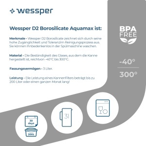 Wessper Cana Filtrare Apa 3L din Sticla Set cu 2 Cartuse de Filtrare Compatibil Brita Maxtra Negru - Img 4